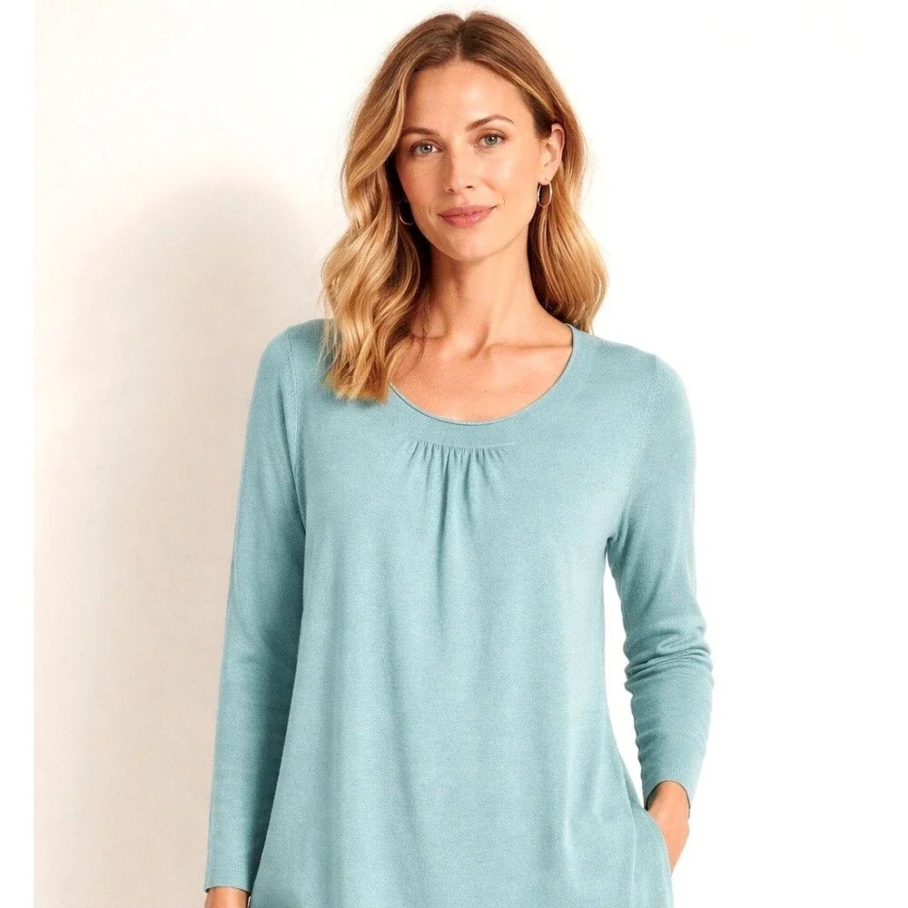 Eileen Fisher Cashmere Tunic XL Italian Silk Blue Knit Scoop Neck Long Sleeve